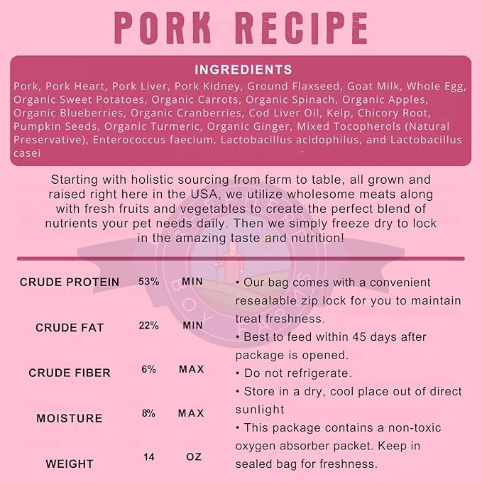 Freeze Dried Raw Dog Food, Pork Recipe, All Natural, No Synthetics, Made in USA with Goat's Milk & Organic Produce, High Protein, Complete Meal (14oz)