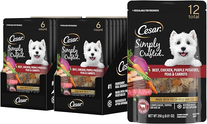 Cesar Simply Crafted Beef, Chicken, Purple Potatoes, Peas & Carrots Wet Dog Food Complement, 8.82 oz. Pouch (6 Count, Pack of 2)