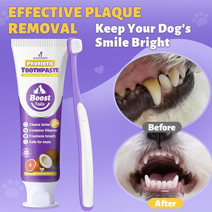 Vet Recommended Small Dog Teeth Brushing Kit - Soft Brush and Finger Brush removes 99% of Plaque, Natural Coconut Chicken-Flavored Toothpaste 2.5 oz. for Fresh Breath
