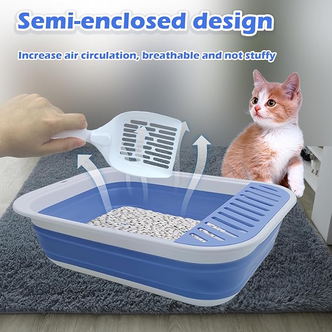 Collapsible Small Cat Litter Box,Open Top Cats Litter Pan with Scoop Foldable Shallow Kitten Potty Toilet Waterproof Cat Travel Litterbox Anti-Splashing Low Entry Semi-Enclosed Easy Clean(Blue)