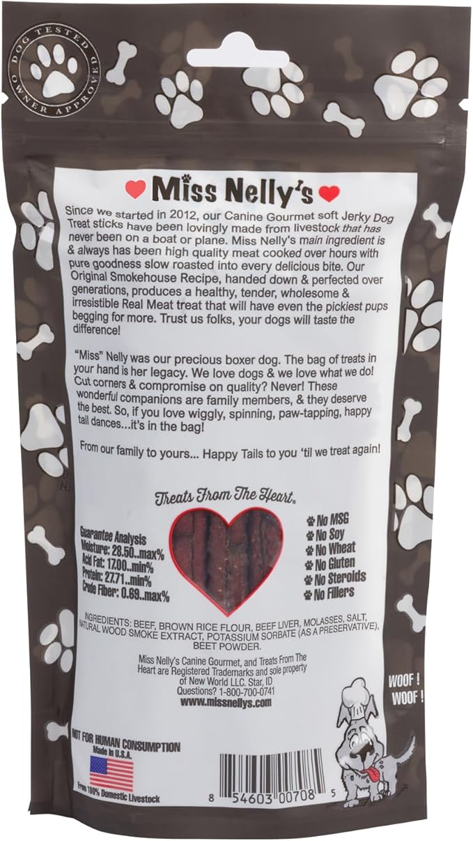 Miss Nelly's -All Natural Beef Jerky Dog Treats - Soft Sticks - USA Made and Sourced - Original Smoke House Recipe - Small Batch Beef Jerky for Dogs - Minimally Processed - 8 oz. Bag