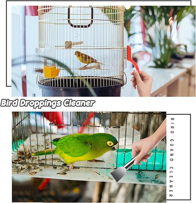 6PCS Bird Cage Cleaning Brush Tools Set, Stainless Steel Bird Poop Remover Scraper Birdcage Accessory