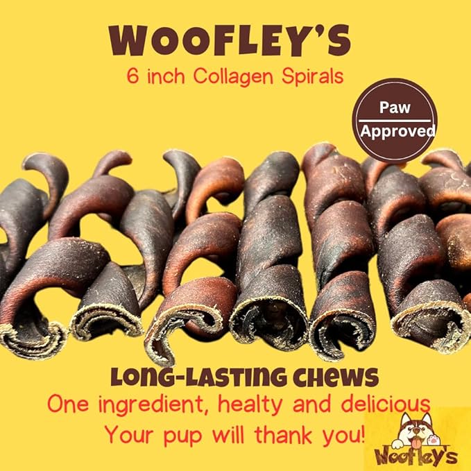 Woofley's 6 Inch Collagen Springs - 12 Count - Collagen Chews for Medium & Large Dogs - Bully Stick Spiral Rawhide Alternative