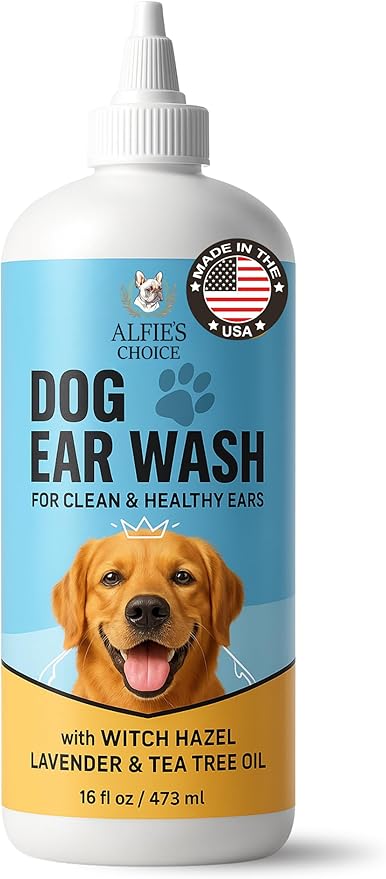 ALFIE'S CHOICE Dog Ear Wash Cleaner – Soothes Itchy Ears, Removes Wax & Odor – with Tea Tree Oil, Lavender & Witch Hazel – Gentle Ear Wash for Dogs & Cats 16 fl oz