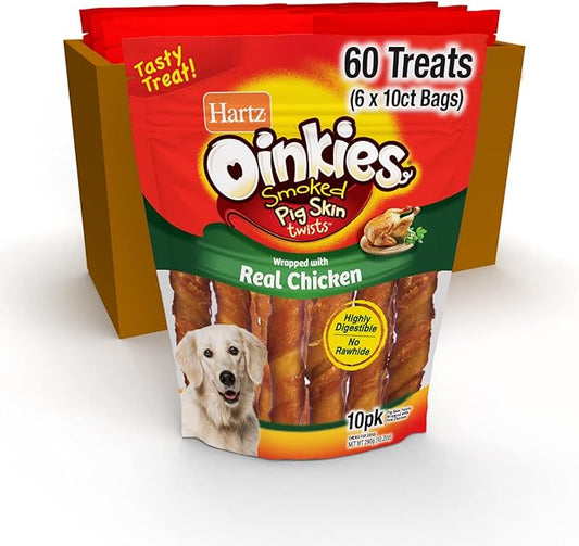 Hartz Oinkies Smoked Pig Skin Chicken Jerky Twists Dog Treats, 10 Count (Pack of 6) (Packaging May Vary)