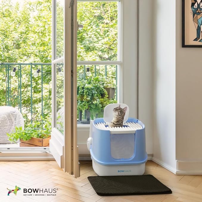 Fully Enclosed Cat Litter Box w/Lid, Scoop, Cat Mat & Odor Fitter, Large Plastic Cat Toilet with Double Door, Anti-Splashing Cat Litter Box with Lockable Front Door, Blue