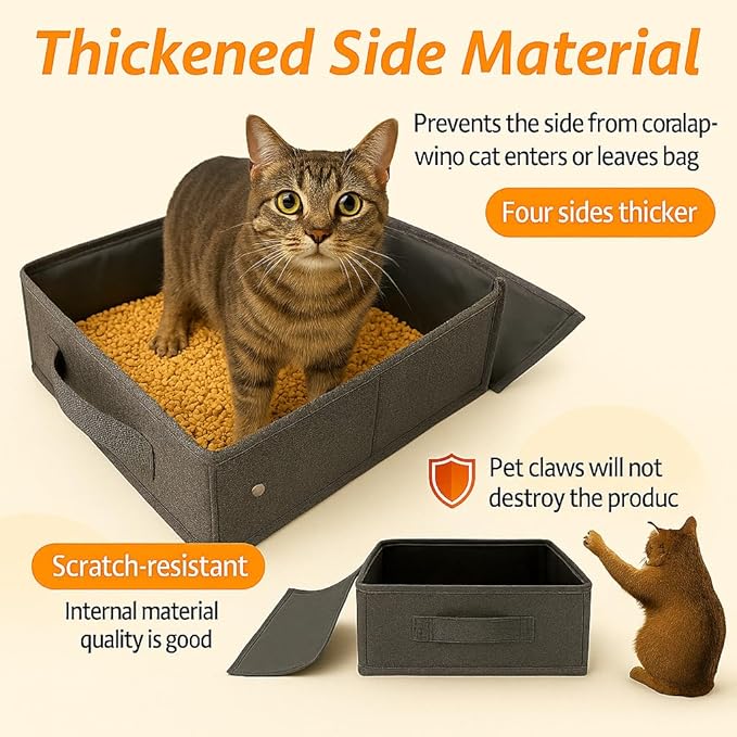 Portable Travel Litter Box for Cats, Small Foldable Travel Cat Litter Box with Zipped Lid, No Smell, Waterproof, Leak-Proof, for Car Hotel and Outdoor, Grey