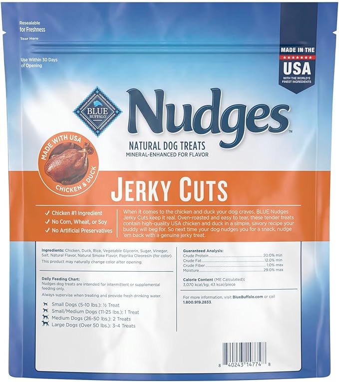 Blue Buffalo Nudges Jerky Cuts Dog Treats, Made in the USA with Natural Ingredients, Chicken & Duck, 36-oz Bag