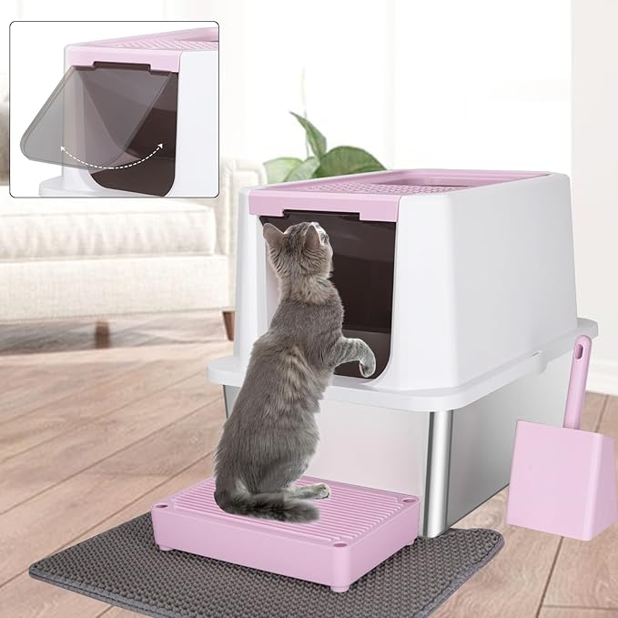 RIZZARI Stainless Steel Cat Litter Box, Odorless Enclosed Litter Box with Top Holes, Large Litter Pan for Small to Large Sized Cats (Dark Pink, 24" L*16" W*18" H)