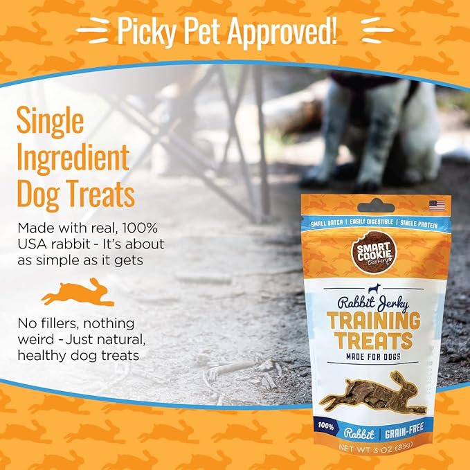 Smart Cookie Single Ingredient Rabbit Jerky Dog Treats - Bite Size Training Treats for Dogs and Puppies with Allergies and Sensitive Stomachs - Dehydrated, 100% Meat, Made in USA - 3oz, Pack of 1