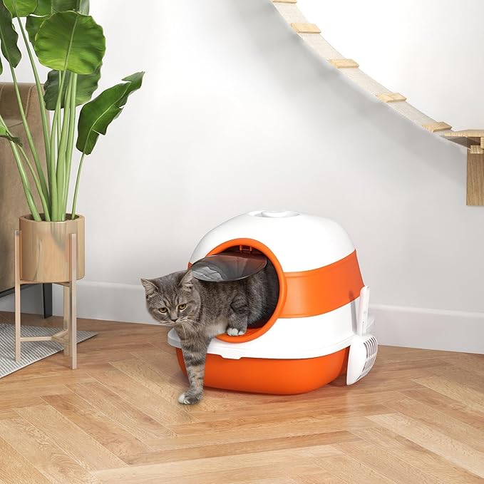 PawHut Cat Litter Box with Lid, Covered Litter Box w/High Sides, Air Freshener, Large Two-Way Entrance Kitty Toilet, Foldable, Easy Clean, Orange