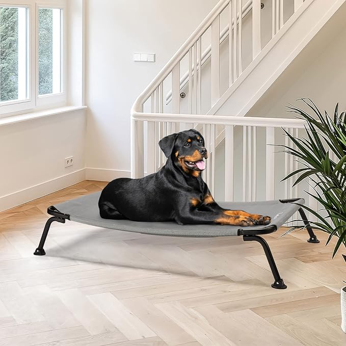Veehoo Outdoor Elevated Dog Bed, Cooling Raised Dog Cot Bed XL, Portable Waterproof Curved Dogs Hammock Beds for Outside, up to 150lbs, Black Legs, Grey 49"