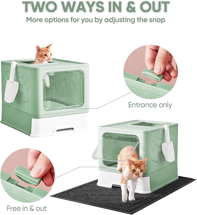 Cat Litter Box with X-Large Litter Mat and Scoop, Large Foldable Litter Box with Lid, Enclosed Kitty Box,Front Top Entry Exit, Odor Control Easy to Clean (Upgrade Green)