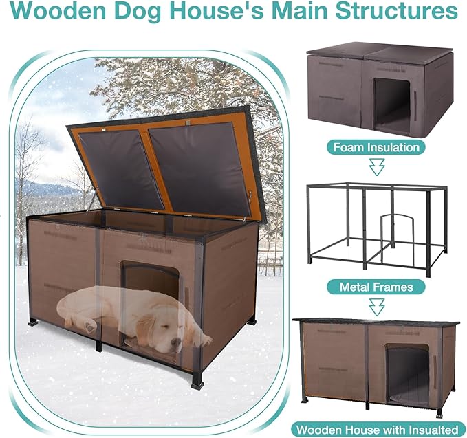 59" Extra Large Outdoor Dog House with Insulated Liner,Dog Kennel with All-Around Iron Frame,Weatherproof Dog Shelter for Small to Large Sizes Dog Kennel (Brown, L)