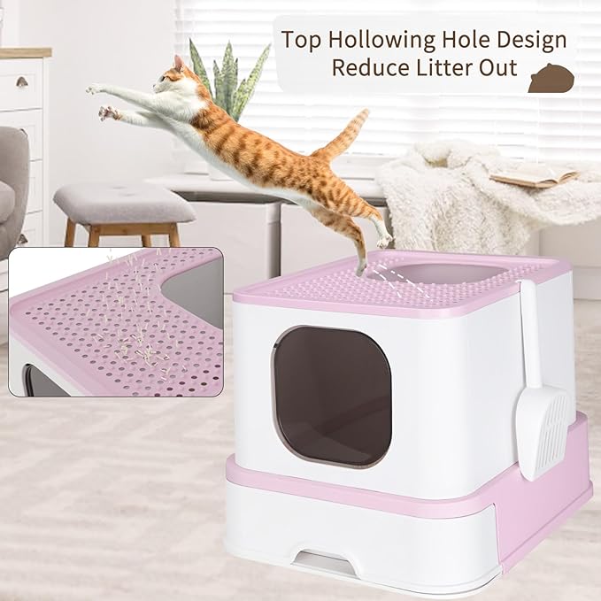 RIZZARI Foldable Cat Litter Box,Cat Box with Drawer, Large Capacity Litter Box with Lid, Top Opening Litter Pan for Small to Big Cats (Pink)