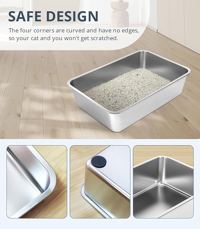 Stainless Steel Cat Litter Box, 4in Shallow Litter Box for Senior Cats and Kittens, Large Metal Litter Pan Nonstick Odor Control Anti-Corrosion