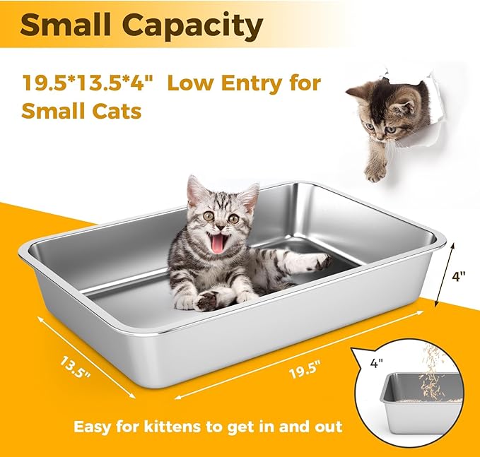 LIHONG Stainless Steel Cat Litter Box,Large Metal Litter Box for Small Large Cats Kitty Rabbits,No Smell,Non Stick,Easy to Clean(20" Lx14 Wx4 H,L)