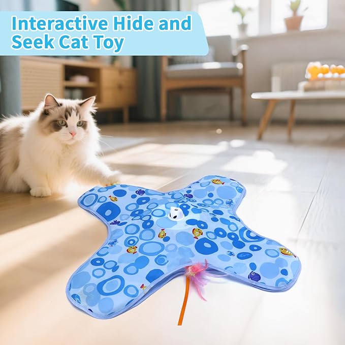 DFQ Interactive Cat Toys Chargeable, 2 in 1 Automatic Hide and Seek Cat Toys with Moving Concealed Feather Hidden in Bag,Touch Activated Cat Kitten Toys for Indoor Bored Adult Cats,Blue