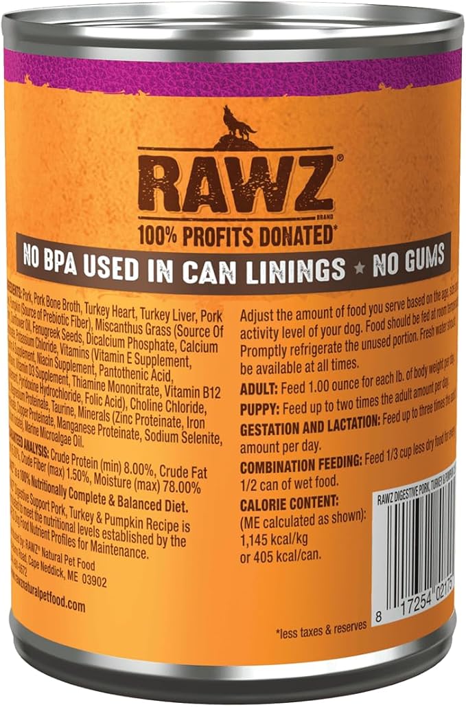 Rawz Natural Pet Food, Digestive Support Canned Dog Food, 12.5 Ounce (Pork/Turkey & Pumpkin) Case of 12 Cans
