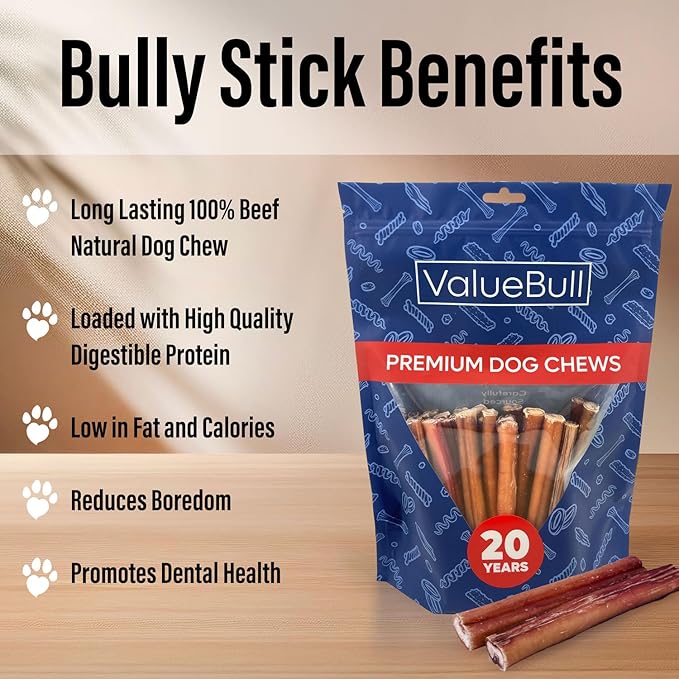 ValueBull Bully Sticks for Dogs, Thick 6 Inch, 25 Count - All Natural, Grass Fed, Single Ingredient, Long Lasting Dog Treats