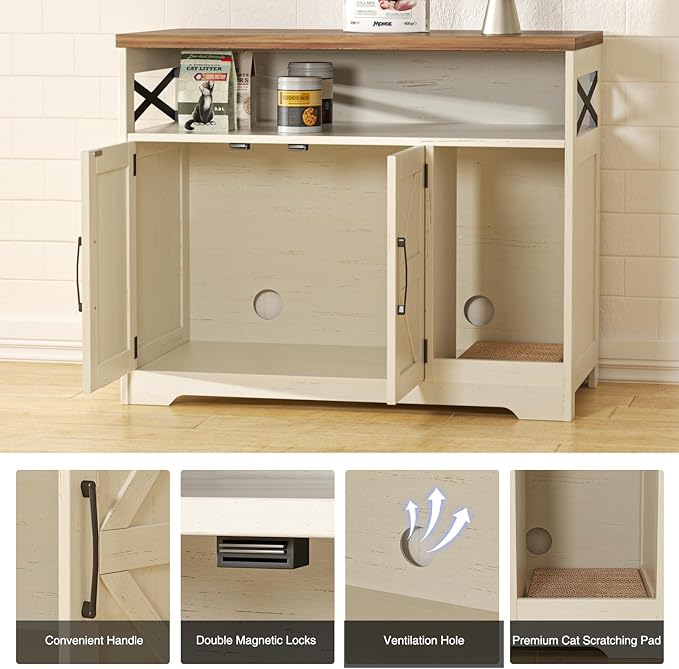 Cat Litter Box Enclosure, Hidden Litter Box Furniture with Scratch Pad, Farmhouse Indoor Cat House Washroom End Table, White