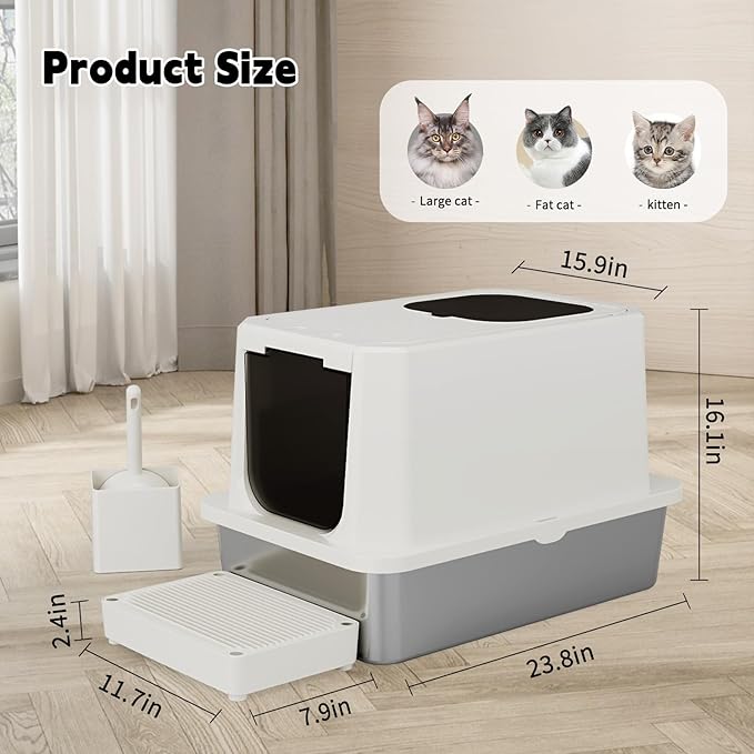 RIZZARI Stainless Steel Cat Litter Box, Enclosed Top-Entry Design, Large Capacity High-Sided Leak Proof Litter Pan for Cats, Easy Clean Pet Toilet (Beige, with Cat Litter)