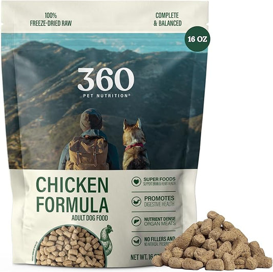 360 Pet Nutrition Freeze-Dried Raw Dog Food, High Protein, Balanced Meal, Chicken, Liver, Heart, Fruit, Veggies, Superfoods, No Fillers, 16 oz Food/Bites/Kibble (Chicken) Made in USA