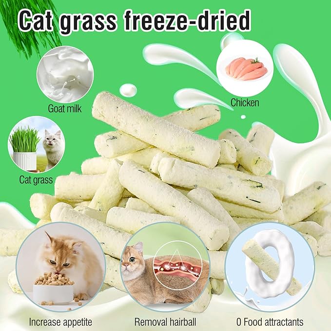 60g Cat Grass Teething Sticks with Goat Milk Favor, Edible Freezed Drying Cat Grass Treats, Cat Snacks for Hairball Removal and Dental Care