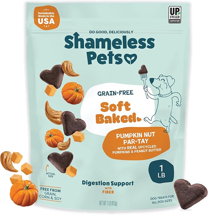 Shameless Pets Soft-Baked Dog Treats, Pumpkin Nut Partay - Natural & Healthy Chews for Digestive Support with Fiber - Doggy Biscuits Baked & Made in USA, Free from Grain, Corn & Soy - 1 Pound 1Pack