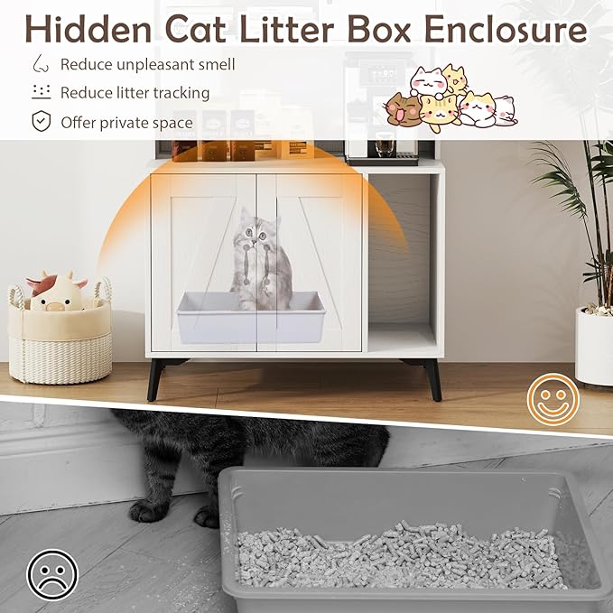 PETSITE Cat Litter Box Enclosure with Storage Shelf, 52 Inches Tall Modern Wooden Hidden Litter Box Furniture with Storage Shelving, Ideal for Indoor Cats (White)