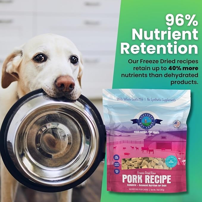 Freeze Dried Raw Dog Food, Pork Recipe, All Natural, No Synthetics, Made in USA with Goat's Milk & Organic Produce, High Protein, Complete Meal (48oz)