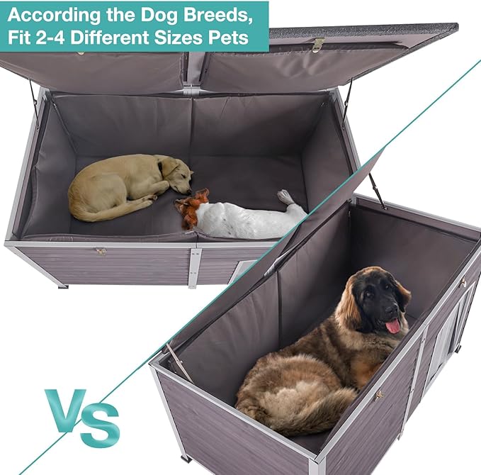 59" Extra Large Outdoor Dog House with Insulated Liner,Dog Kennel with All-Around Iron Frame,Weatherproof Dog Shelter for Small to Large Sizes Dog Kennel (Grey, LH)