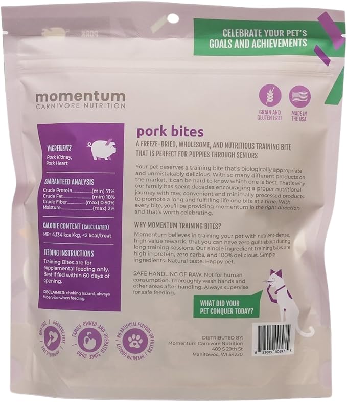 Momentum Carnivore Nutrition Freeze-Dried Pork Training Bites – Two Ingredients-Pork Kidney and Heart, Grain-Free, All-Natural Dog Treats –Made in USA – Perfect for Training & Rewards- 2.5 oz Bag