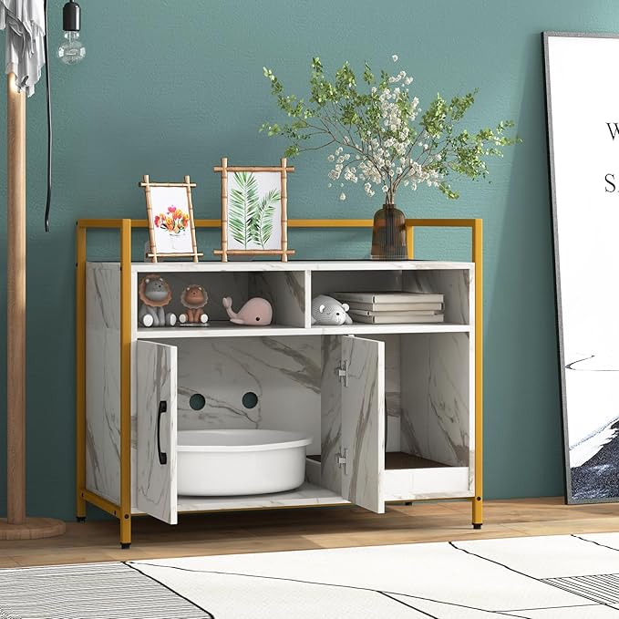 Tangkula Litter Box Enclosure, Modern Cat Litter Box Furniture with Metal Frame, Scratching Board, Storage Compartment, Hidden Cat Washroom (Marble White)