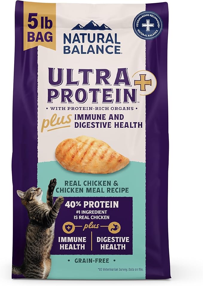 Natural Balance Ultra Protein Plus Dry Cat Food, Immune & Digestive Health Real Chicken & Chicken Meal Recipe with Nutrient-Rich Organs, High Protein Cat Food for Picky Cats - 5 lbs.