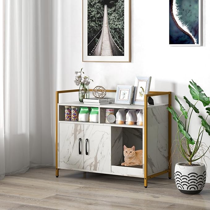 Tangkula Litter Box Enclosure, Modern Cat Litter Box Furniture with Metal Frame, Scratching Board, Storage Compartment, Hidden Cat Washroom (Marble White)