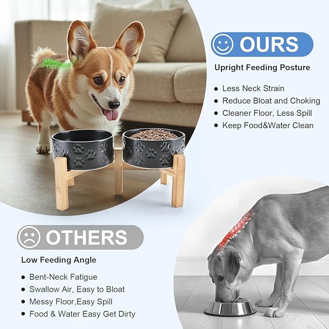 SPUNKYJUNKY Elevated Dog Bowls Ceramic, 6.1'' Dogs and Cat Food Water Bowls Raised with Non-Slip Bamboo Stand for Medium Sized Breed Microwave Dishwasher Safe - 28.7 OZ,Paw Black