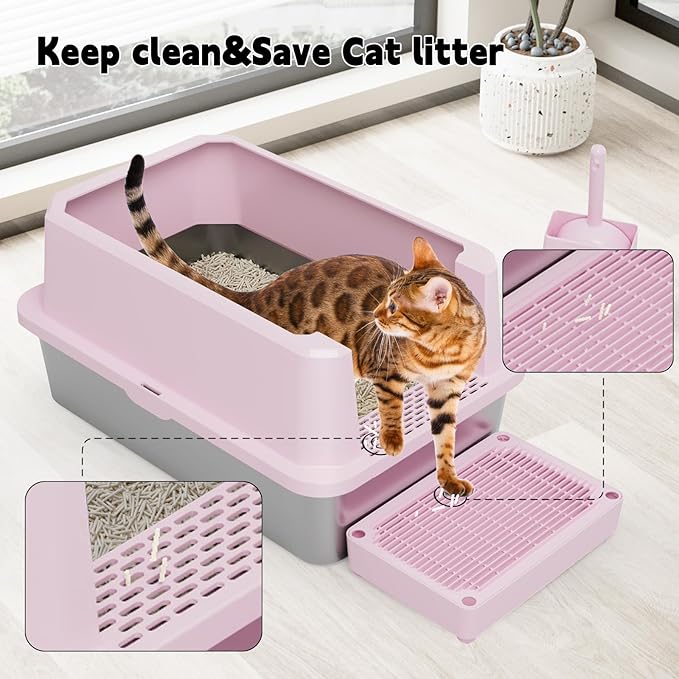RIZZARI Stainless Steel Cat Litter Box, Semi-Closed Litter Box with High Edges, Large Odorless Litter Pan with for Small to Large Cats (Pink, 1 Pack)