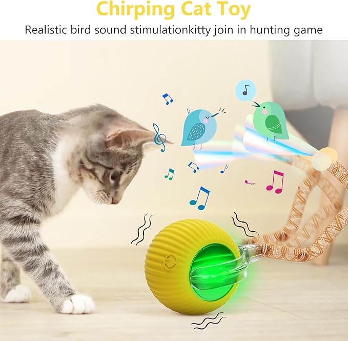 Interactive Cat Toys for Indoor Cats, Interactive Cat Ball Toy with Elastic Mesh Tail, Automatic Cat/Kitten Toys with Chirping & Motion Activate, Cat Toys for Bored Indoor (Yellow)
