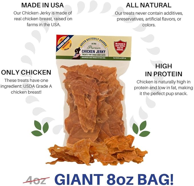 Chicken Jerky - Dog Treats Made in USA Only - 1 Ingredient: USDA Grade A Chicken Breast - No Additives or Preservatives - Grain Free Snack, All Natural Premium Strips, 8 Ounces