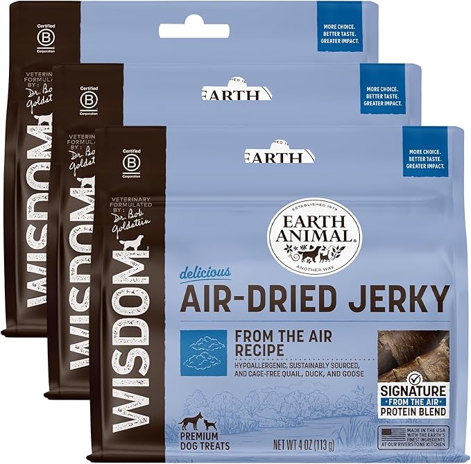 Earth Animal Wisdom Air-Dried from The Air Recipe Premium Natural Jerky Strips Dog Treats, 4 oz. Bag (Pack of 3)