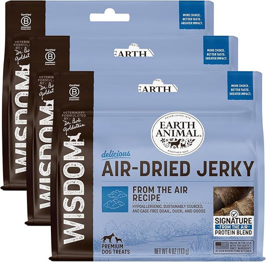 Earth Animal Wisdom Air-Dried from The Air Recipe Premium Natural Jerky Strips Dog Treats, 4 oz. Bag (Pack of 3)