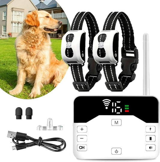 Wireless Dog Fence Electric Training Collar 2 in 1, Dog Boundary Containment System, Beep & Shock Dog Fence with Waterproof Collar, Adjustable Control Range, Pet Fence for Stubborn Dogs,for2dogs