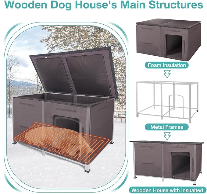 59" Extra Large Outdoor Dog House with Insulated Liner,Dog Kennel with All-Around Iron Frame,Weatherproof Dog Shelter for Small to Large Sizes Dog Kennel (Grey, LH)