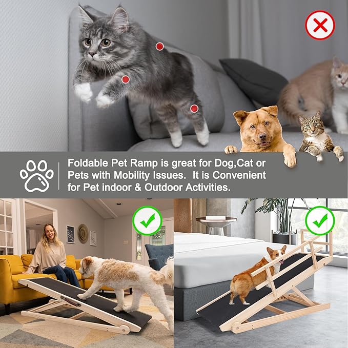 ABORON Folding Wooden Extra Long Dog Ramp, Non-Slip Rubber Mat, 63" Long for High Bed/Couch/Car, 5 Levels Adjustable Pet Ramp, 17.7'' Wide, Supports Small & Large Senior Dogs & Cats up to 200 lbs