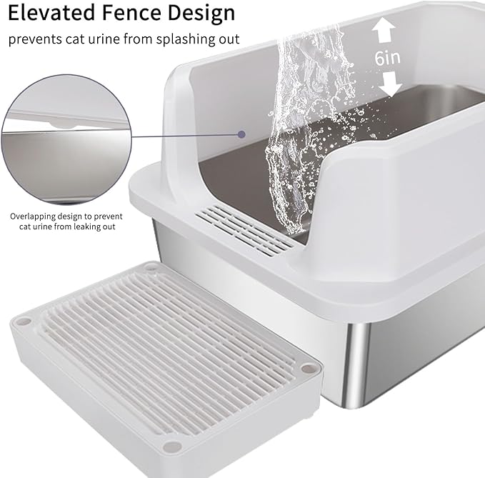RIZZARI Large Stainless Steel Cat Litter Box: Open Top Leak-Proof Large Cat Pan - Odor Control for Indoor Multi-Cat Homes (White, 23.8" L*16" W*12" H)