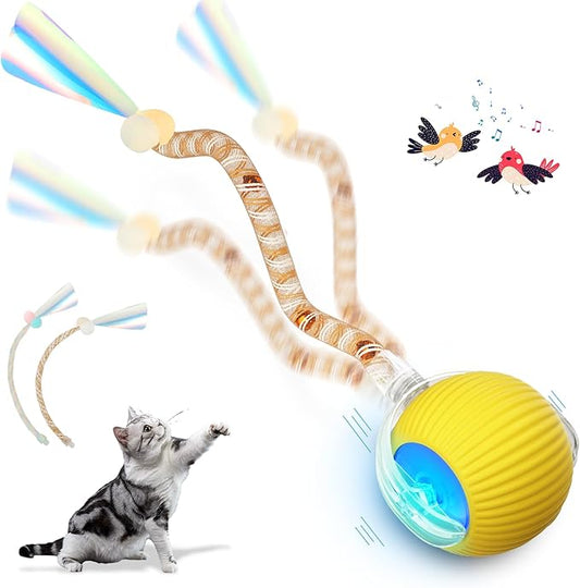 Interactive Cat Toys for Indoor Cats, Interactive Cat Ball Toy with Elastic Mesh Tail, Automatic Cat/Kitten Toys with Chirping & Motion Activate, Cat Toys for Bored Indoor (Yellow)