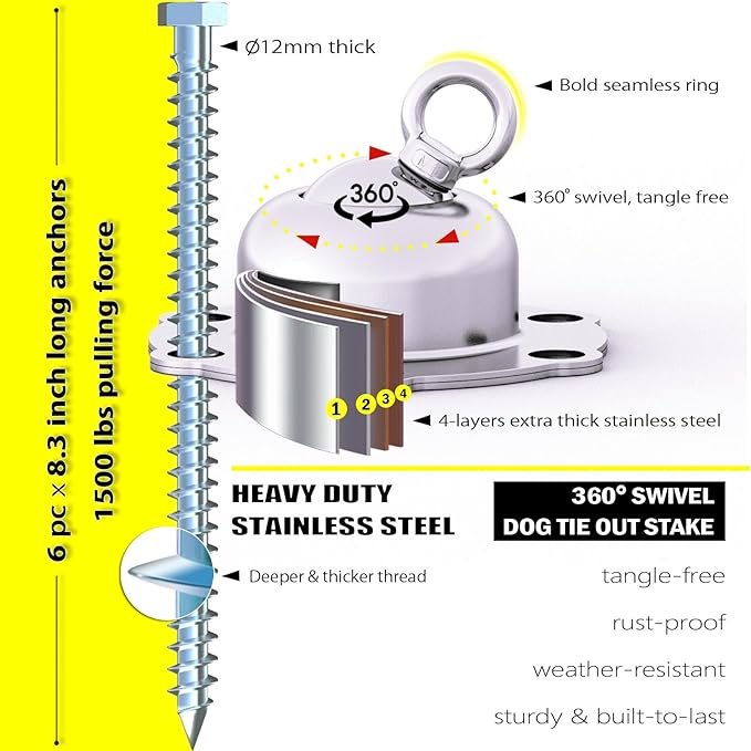 360° Swivel Dog Tie Out Stake with Upgrade 6 Screw Dog Anchors, Heavy Duty & Rust Proof Dog Stake Can Holds 1000Lbs of Pull Force, Up to 150lbs Dogs Perfect to Camping Yard Outdoor (Orange)