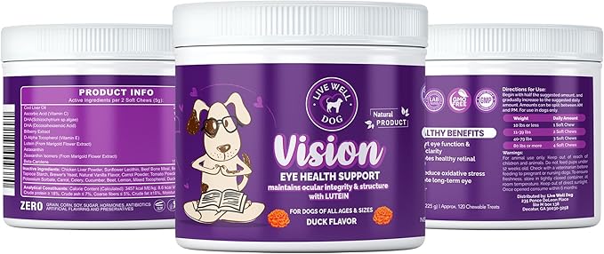 Vision Support Soft Chews for Dogs – Lutein, Zeaxanthin, DHA & Antioxidants for Eye Health, 120 Count