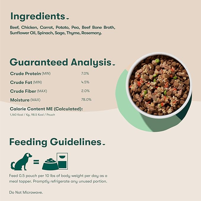 Jinx Beef Grain Free Wet Dog Food Pouches, Meal or Dog Food Topper Mix-in, Made with Real Beef & Chicken, Bone Broth & Brown Rice, No Fillers, Puppy, Adult, Senior, 3oz, 8 Pack